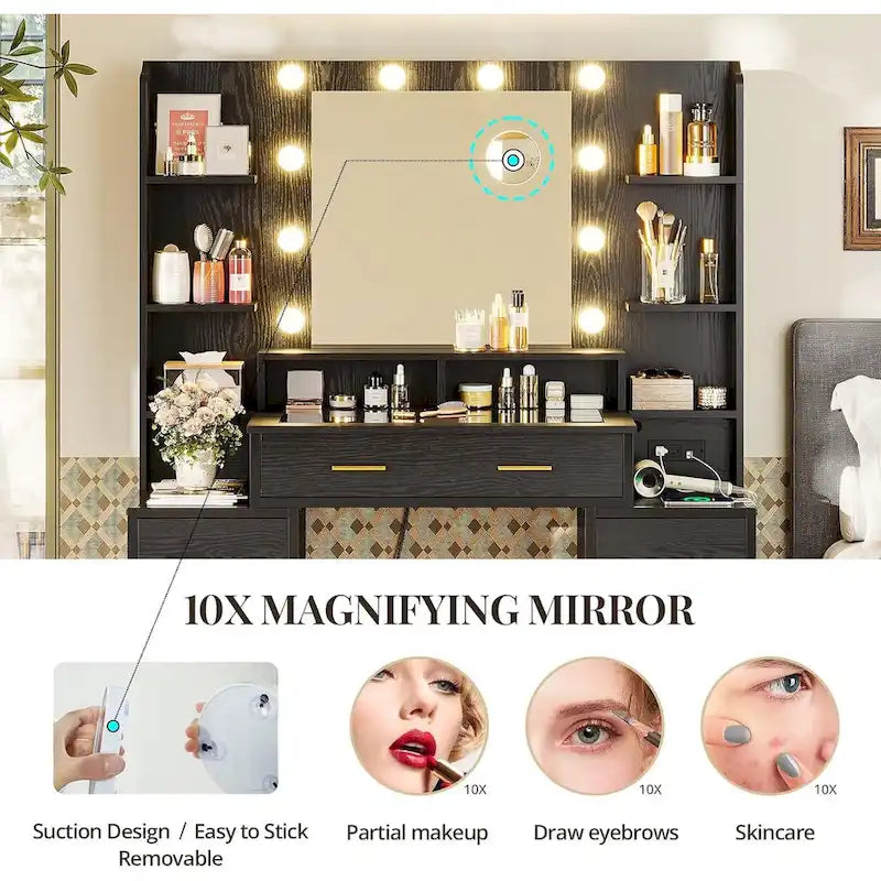 Coiffeuse avec miroir grossissant 10x dessus en verre