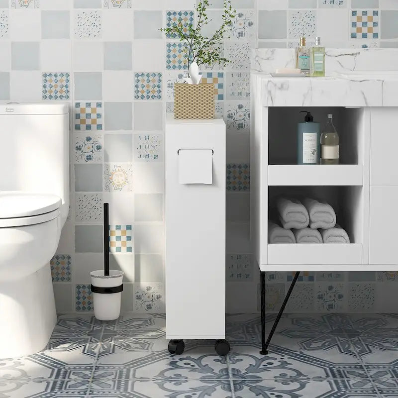 Meuble de rangement pour papier toilette, Meuble de salle de bain fin avec 4 roulettes, Petite armoire de salle de bain avec trous pour papier