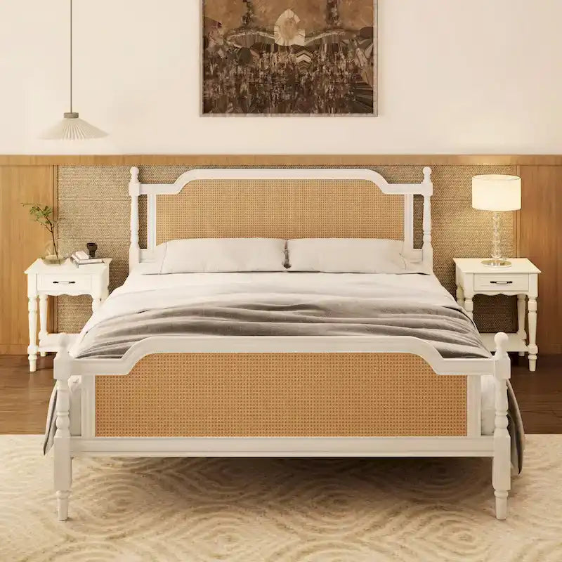 Cadre de lit plateforme en rotin de style traditionnel – aucun sommier tapissier requis