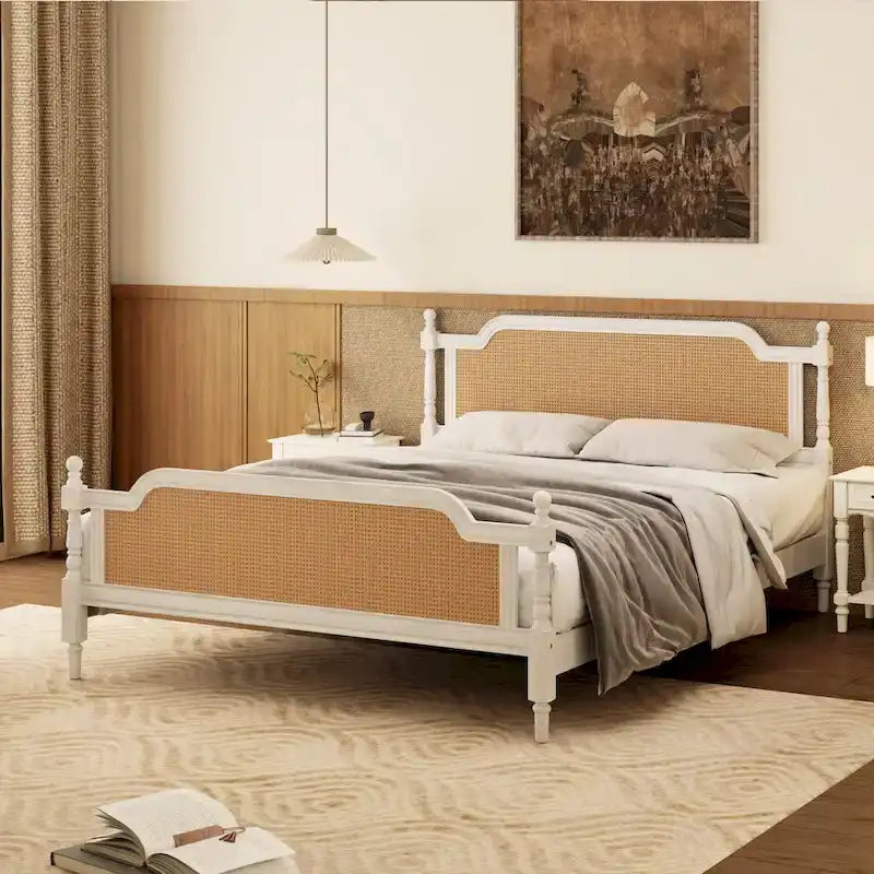 Cadre de lit plateforme en rotin de style traditionnel – aucun sommier tapissier requis