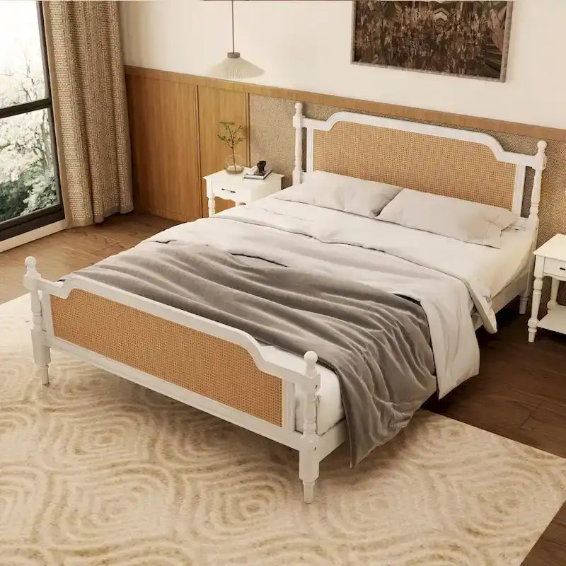 Cadre de lit plateforme en rotin de style traditionnel – aucun sommier tapissier requis
