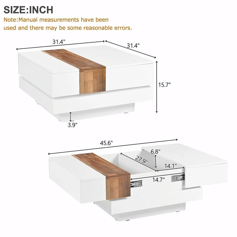 Table basse carrée avec plateau coulissant de 31,4 po