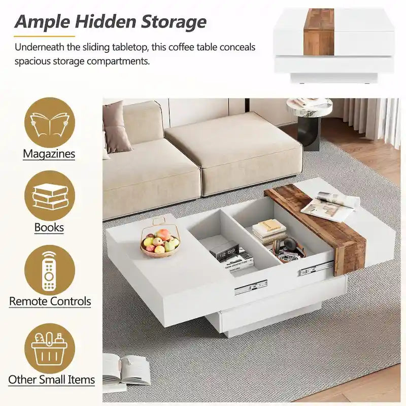 Table basse carrée avec plateau coulissant de 31,4 po