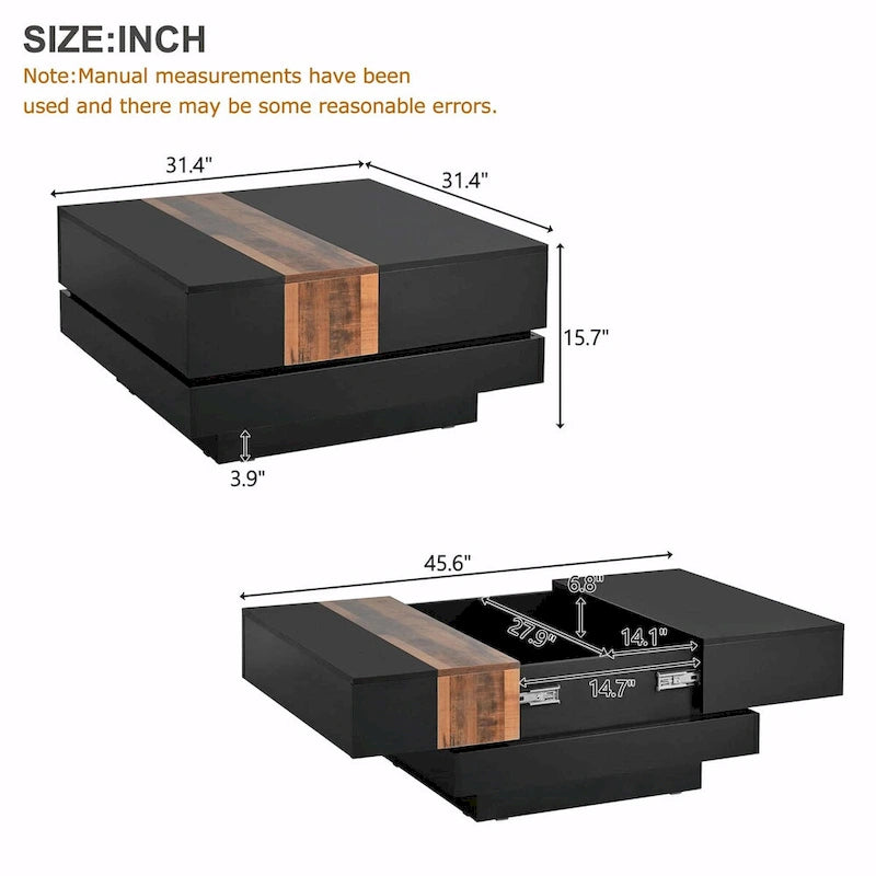 Table basse carrée avec plateau coulissant de 31,4 po